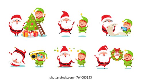 Elf and Santa Claus icons isolated on white background. Vector illustration with fairy tale winter holidays happy symbols preparing for Christmas