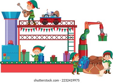 Elf and Santa Claus preparing gift for Christmas illustration