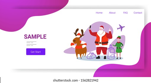elf santa claus and reindeer with luggage taking selfie photo on smartphone camera 2020 christmas holidays vacation concept horizontal full length vector illustration