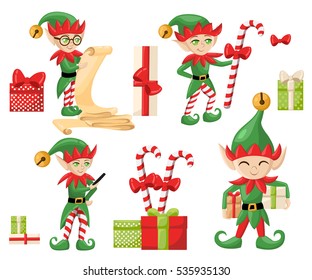 Elf Santa Claus Santa's elves preparing for christmas. Merry christmas! Candy gifts new year collection