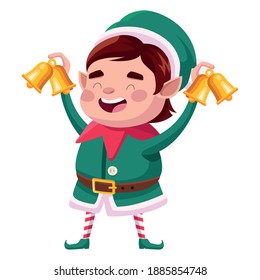 elf santa helper with bells golden comic character vector illustration design