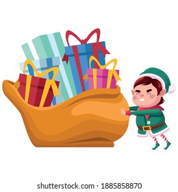 elf santa helper with gifts bag comic character vector illustration design