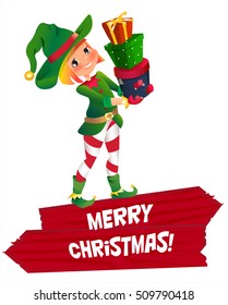 elf Santa s assistant with gifts isolated on a white background