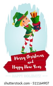 elf Santa s assistant with gifts isolated on a white background
