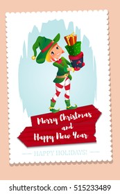 elf Santa s assistant with gifts isolated on a white background