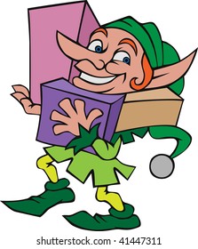 Elf, Santa's helper, carries gifts.