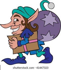 Elf, Santa's helper, carries gifts.