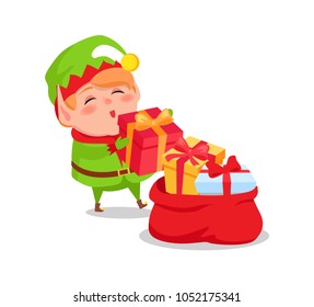 Elf Santa's helper put Christmas presents into red sack vector illustration postcard isolated on white background. Bag full of gift boxes in decor wrapping