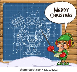 Elf and the scheme of the robot santa on the wall