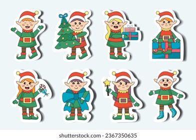 Elf set in cartoon stickers design. These flat design illustrations, inspired by the winter season, showcase endearing and funny elves in a whimsical sticker style. Vector illustration.