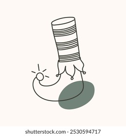 Elf shoe with sock. Vector cute funny feet in striped stocking and nosy shoes.