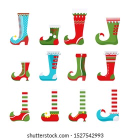 Elf shoes. Santa little helpers in medieval pointed shoes. Flat illustration isolate on white background. Celebration of Merry Christmas and New Year. For Holiday Greeting cards, banners and labels.