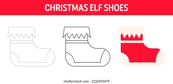 Elf Shoes tracing and coloring worksheet for kids