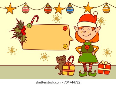 Elf Showing Empty Banner For Text Merry Christmas And Happy New Year Concept Winter Holidays Decoration Vector Illustration