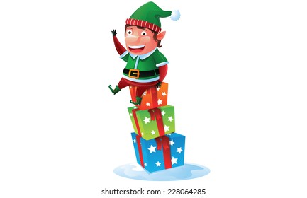 Elf sit on a gift box in Christmas 