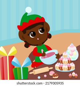 The elf sits at the table in the room and beats the icing. The girl is happy and joyful, she is preparing Christmas sweets.The child is dressed in a traditional red and green costume. 