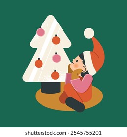 Elf is sitting on a carpet near a Christmas tree. Santas helper in red hat on green background. Boy in suit vintage vector illustration style.