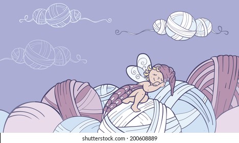 elf sleeping on glomeruli threads. vector drawing in purple tones to design business cards for handmade 