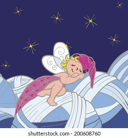 elf sleeping on threads. vector drawing in blue for design business cards for handmade 