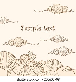 elf sleeping on threads. vector drawing in beige tones to design business cards for handmade 