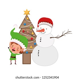 elf with snowman and christmas tree
