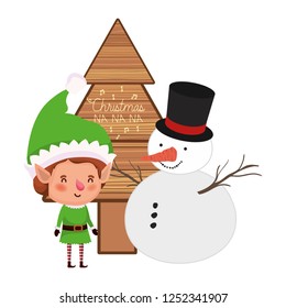 elf with snowman and christmas tree