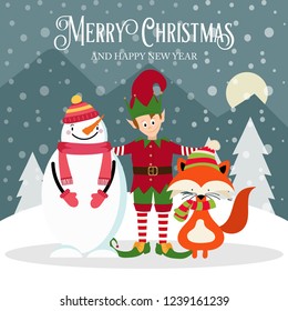 Elf, snowman and fox. Beautiful Christmas card. Flat design. Vector