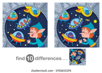 Elf in space on a spaceship.Finding ten Differences Between Pictures Educational Game for Children.Vector