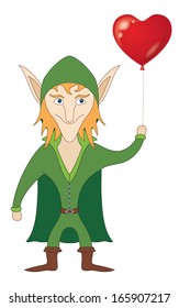 Elf standing with balloon in shape of heart in his hand and smiling, funny comic cartoon fantasy character. Eps10, contains transparencies. Vector