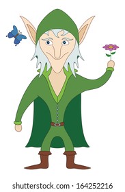 Elf standing with flower in his hand and looking on butterfly, funny comic cartoon character. Vector