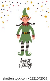 Elf with a stars. Funny assistant to Santa Claus. Festive background. Vector illustration.  