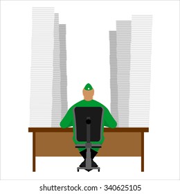 Elf at table and lot of childrens letters. Assistant to Santa Claus reads your mail. Working table littered with papers.