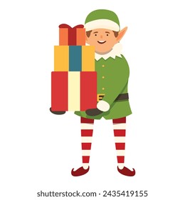 Elf take big stack of gifts icon cartoon vector. New Year party. Magic gift