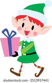 Un elfo con traje verde sosteniendo un regalo. Navidades. Lindo, simple, plano. Ilustración vectorial