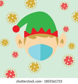Elf wearing mask, surrounded by coronavirus bacteria