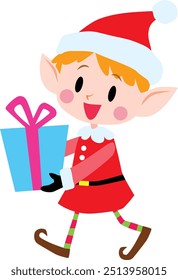 An elf wearing red costume holding a present. Christmas. Cute, simple, flat. Vector Illustration