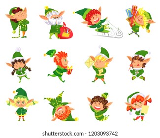 Elf winter season helper of Santa Claus set vector. Girl and boy wearing costumes and hats, opening presents gifts and riding sledges eating lollipop