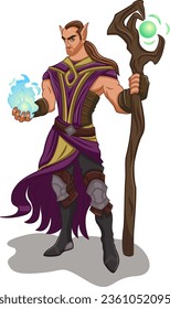 Elf Wizard Warrior 2D. Character Design. Illustration of a Mighty Sorcerer with a Magic Staff. The Magician Casts a Spell