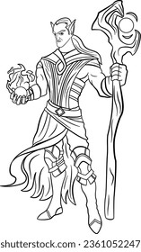 Elf Wizard Warrior 2D for Coloring Book. Character Design. Illustration of a Mighty Sorcerer with a Magic Staff. The Magician Casts a Spell