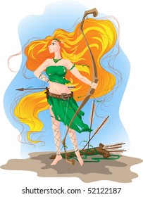 Elf woman archer with long orange hair is standing and holding bow and arrows.