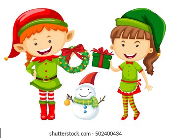 Elf and woman with christmas presents illustration