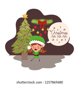 elf woman with christmas tree and gifts