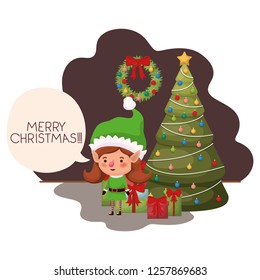 elf woman with christmas tree and gifts