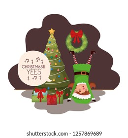 elf woman with christmas tree and gifts