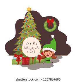 elf woman with christmas tree and gifts