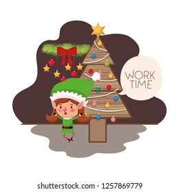 elf woman with christmas tree on wood