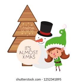 elf woman with christmas tree and snowman