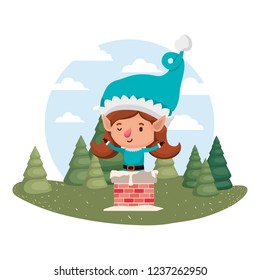 elf woman with fireplace and christmas trees with falling snow