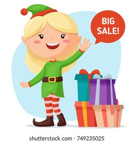 Elf woman with a lot of gift boxes smiling, waving her hand and calling for a sale. Big sale Christmas background illustration in cartoon style
