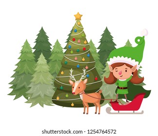 elf woman with reindeer and christmas tree